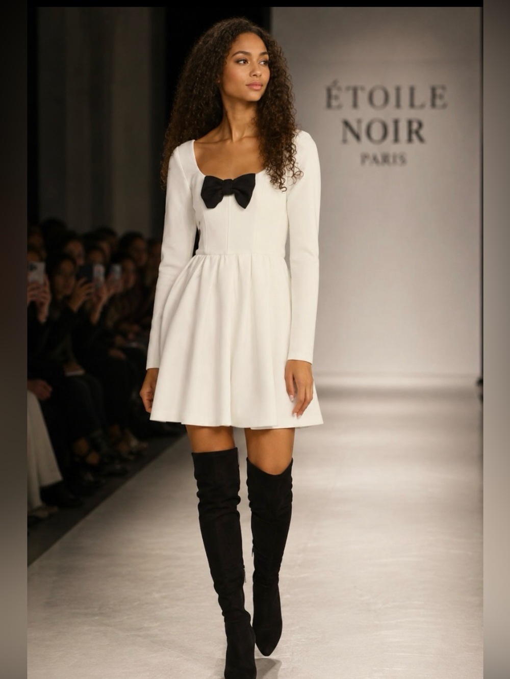 NWT WAYF X JOURDAN SLOANE Ivory White Crepe Mini Dress Optional Black Bow Tie XS